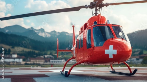 Red Helicopter on Mountain Helipad