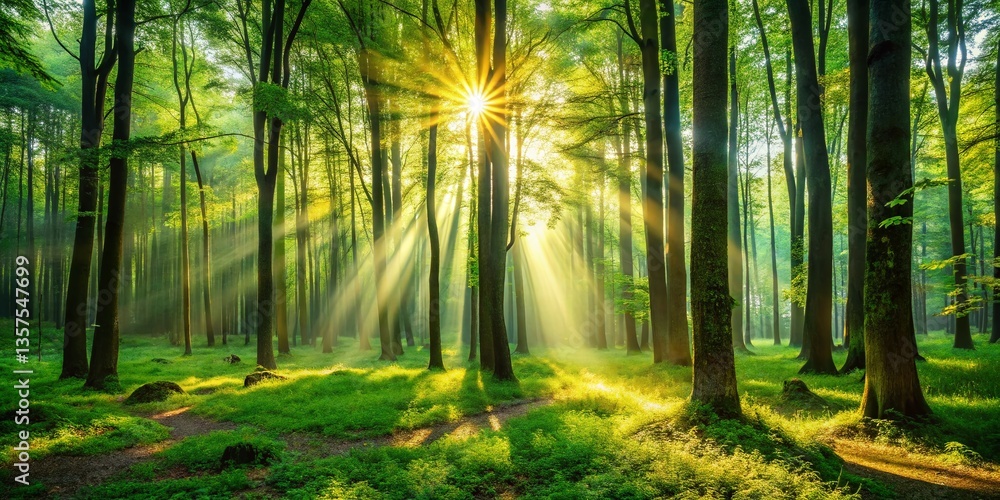 Fototapeta premium Majestic Sunlight Filtering Through Ancient Forest Canopy - Serene Nature Background