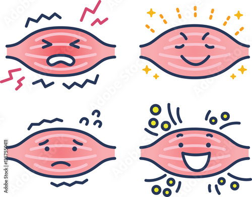 筋肉疲労、超回復について説明したかわいいベクターイラストセット
