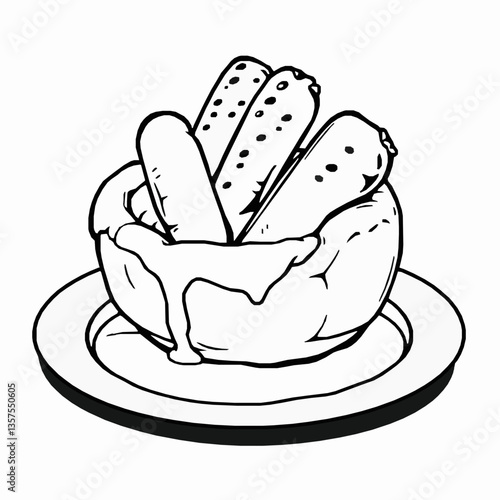 black outline vector of toad in the hole with sausages baked in Yorkshire pudding batter isolated on a white background