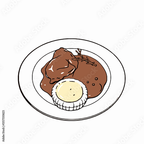 black outline vector of steak and kidney pudding with suet pastry isolated on a white background