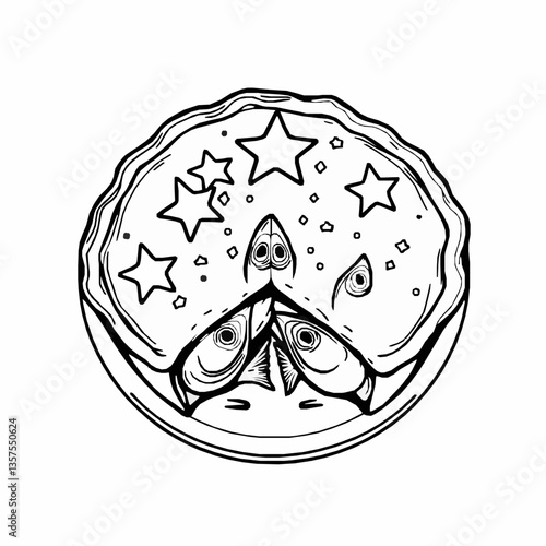 black outline vector of stargazy pie with fish heads peeking through the crust isolated on a white background