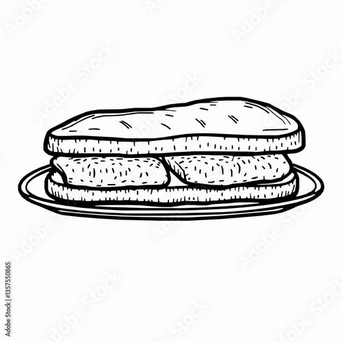 black outline vector of fish finger sandwich with crispy fish fillets isolated on a white background