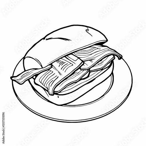 black outline vector of bacon butty sandwich with crispy bacon in a bread roll isolated on a white background