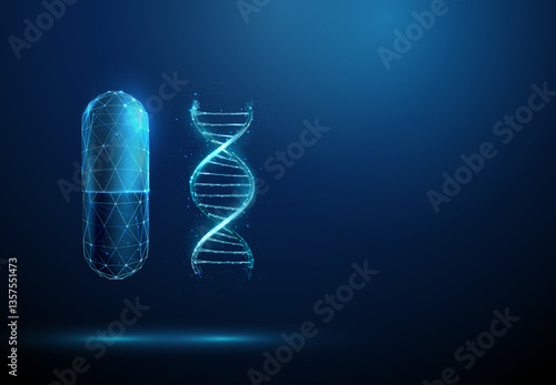 BMedical capsule with DNA helix. Gene therapy, pharmacogenetics, biotech drugs and nanotechnology medicine concept. Low poly style