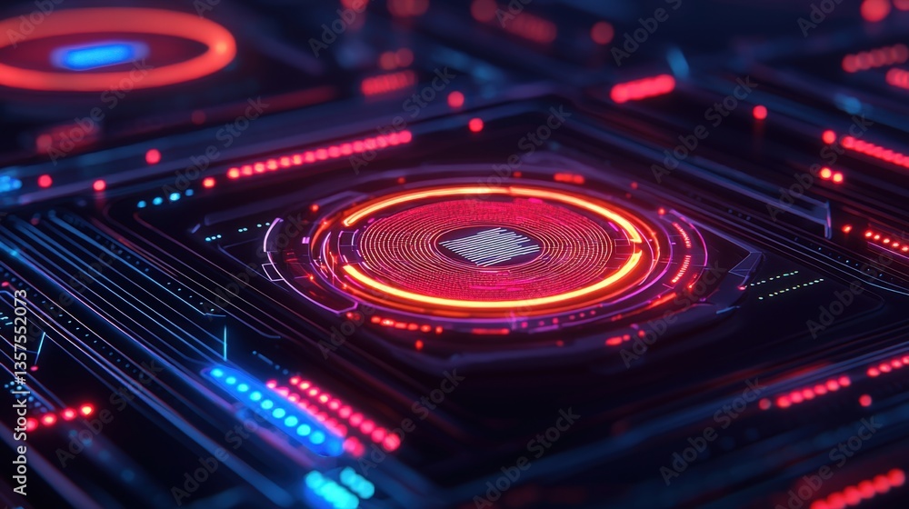 Biometric security and iris privacy, A vibrant, high-tech abstract image featuring illuminated circuit patterns and circular designs in red and blue tones. Biometric security and iris privacy, A vibrant, high-tech abstract image featuring illuminated circuit patterns and circular designs in red and blue tones.