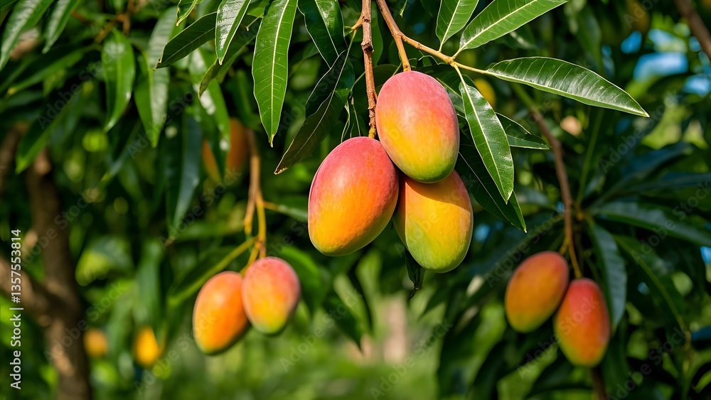 Obraz premium Ripe red and yellow mangoes on a tree.
