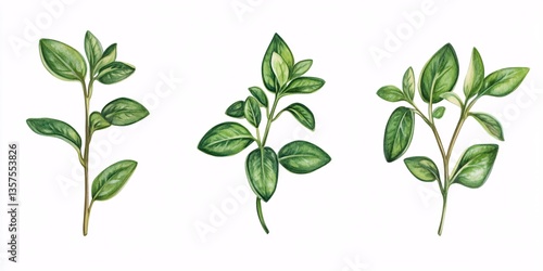 Fresh green thyme leaves showcasing intricate stem details against a bright white backdrop