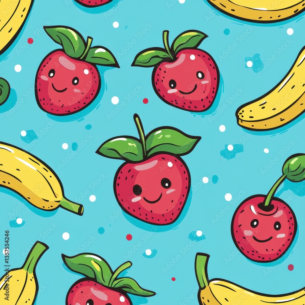 Cheerful seamless baby pattern with smiling fruits including strawberries, bananas, apples, and cherries in soft vibrant colors Generative AI Cheerful seamless baby pattern with smiling fruits including strawberries, bananas, apples, and cherries in soft vibrant colors Generative AI