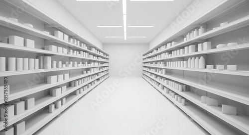 Empty White Supermarket Aisles with Shelves Stocked with Blank Products Retail Store Interior