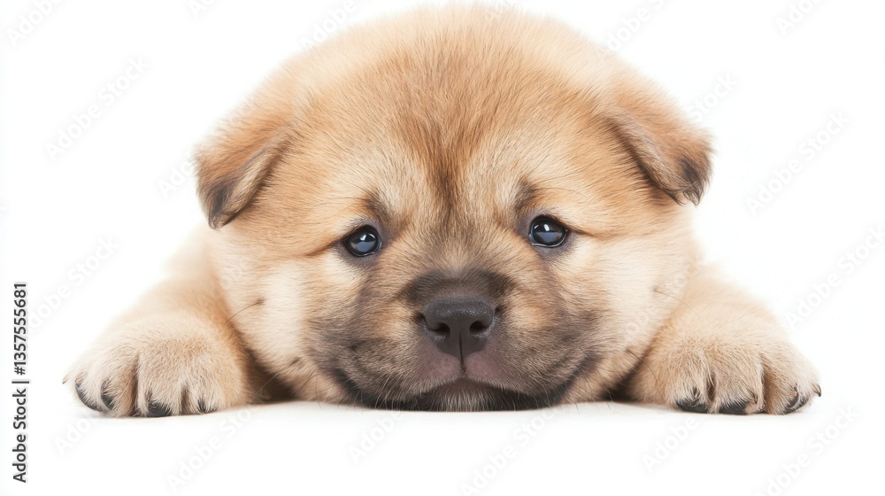 A cute, fluffy puppy with a sad expression rests its head on a surface, showcasing its soft fur and big, expressive eyes. A cute, fluffy puppy with a sad expression rests its head on a surface, showcasing its soft fur and big, expressive eyes.