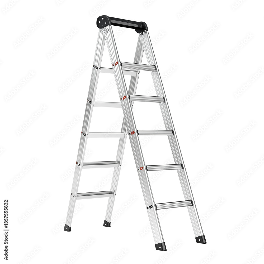 Aluminum folding ladder with multiple steps, isolated on transparent cutout background Aluminum folding ladder with multiple steps, isolated on transparent cutout background
