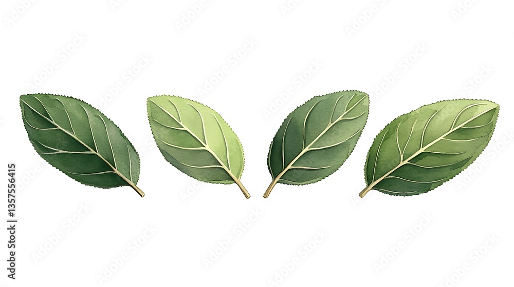 Fototapeta premium Four green leaves arranged horizontally.