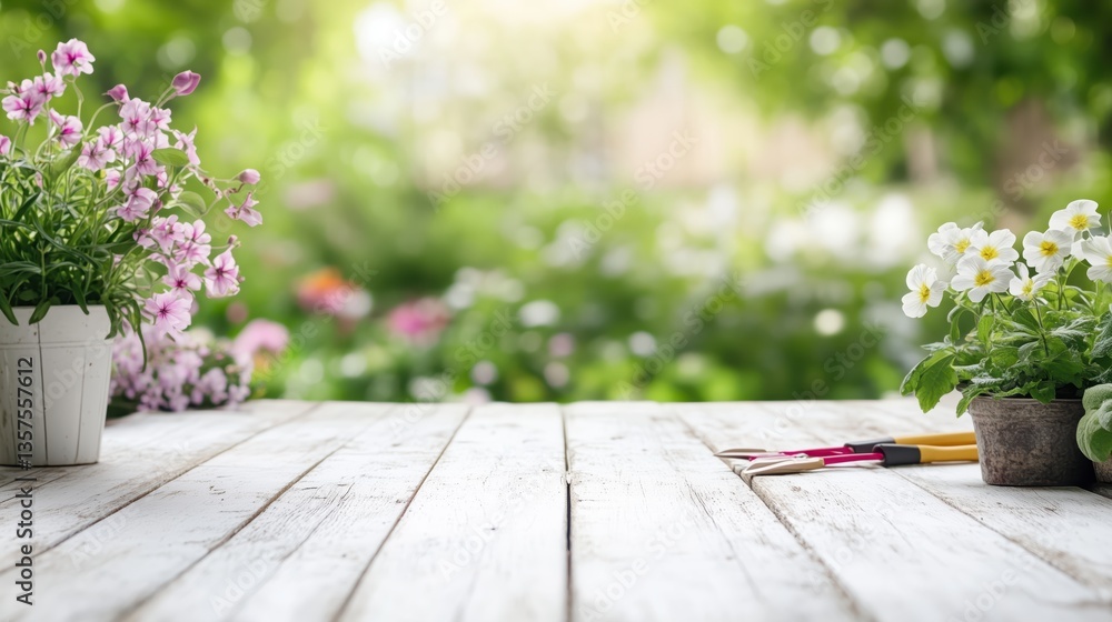 Gardening tools and flower pots on a white wooden table with a blurred blooming garden in the background Gardening tools and flower pots on a white wooden table with a blurred blooming garden in the background