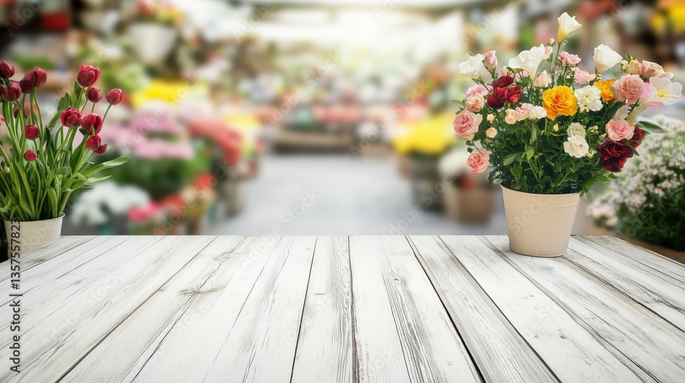 Empty white wooden table set against a softly blurred flower shop background, creating an ideal space for product placement and display Empty white wooden table set against a softly blurred flower shop background, creating an ideal space for product placement and display