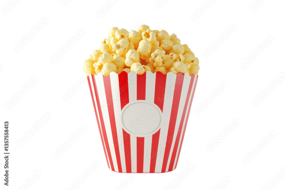 A container of popcorn with red and white stripes on a white background in a studio shot A container of popcorn with red and white stripes on a white background in a studio shot