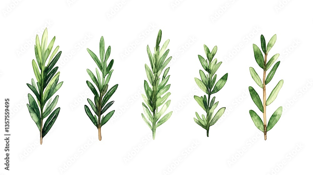 Fototapeta premium Watercolor rosemary sprigs collection.