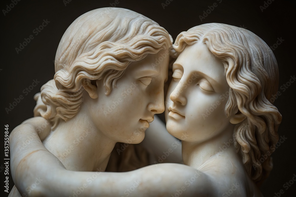Romantic marble sculpture of two lovers embracing tenderly Romantic marble sculpture of two lovers embracing tenderly