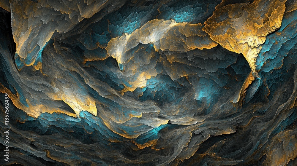 Obraz premium Abstract digital painting of swirling, textured mountains in a cave-like space