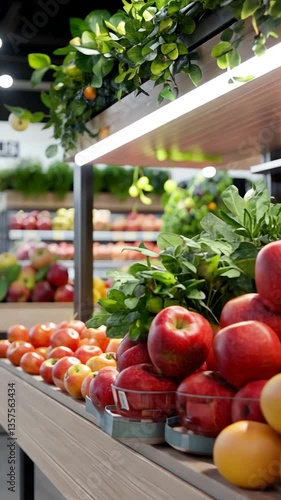Vibrant display of fresh fruits and vegetables in a modern grocery store setting