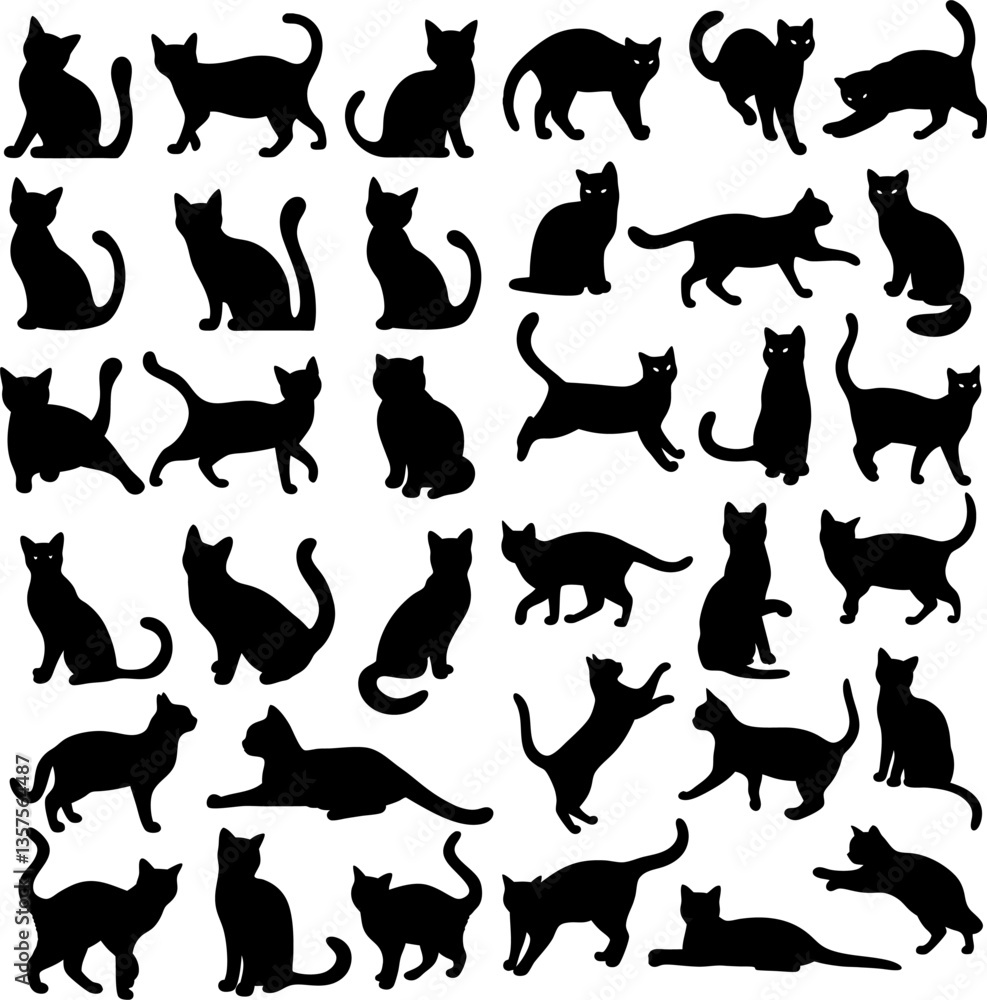 Cat Silhouettes: Diverse Poses, Vector Collection Cat Silhouettes: Diverse Poses, Vector Collection