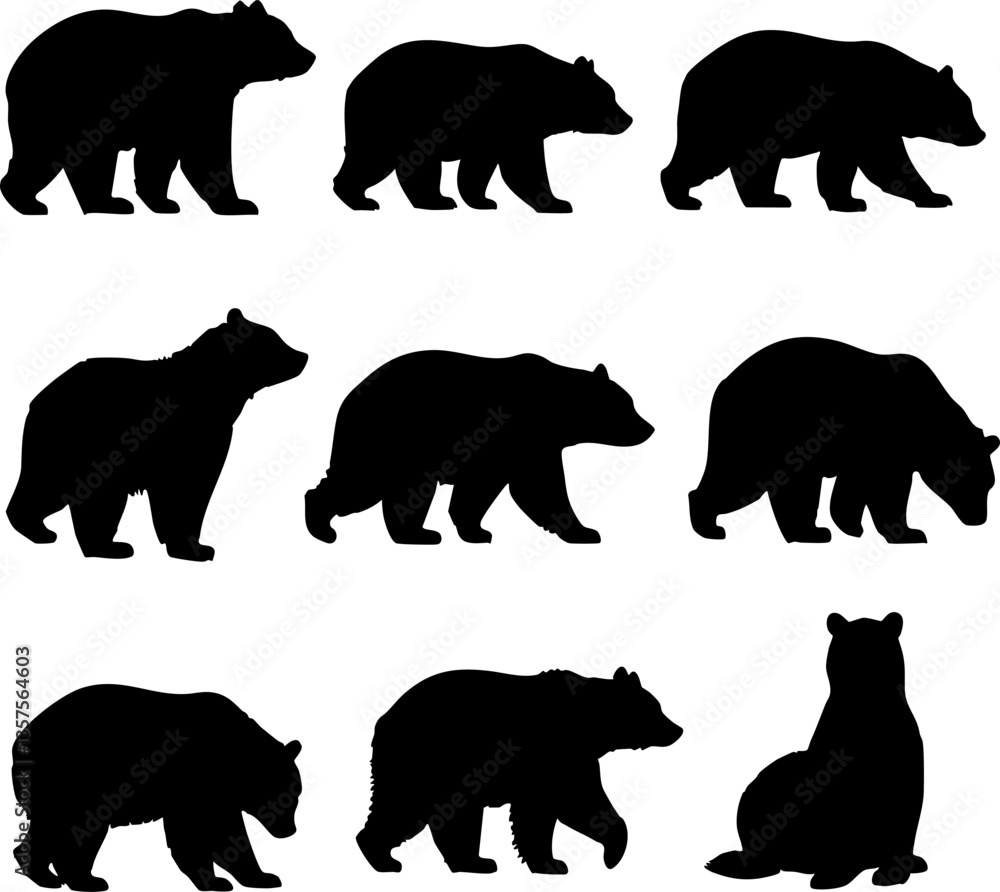 Fototapeta premium Bear Silhouettes: Walking, Standing, Sitting, Vector Collection