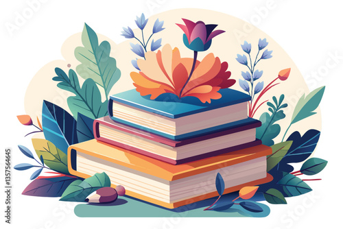 Colorful Book Stack with Flowers. A Symbol of Knowledge and Reading