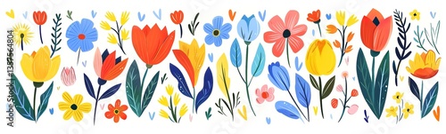 Wallpaper Mural Colorful watercolor floral border with tulips and wildflowers Torontodigital.ca