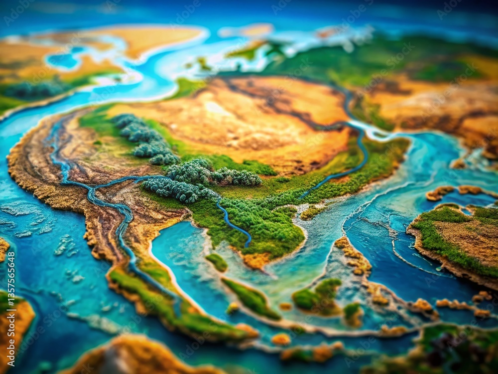 Miniature Asian River Map: Tilt-Shift Aerial View of Major Waterways Miniature Asian River Map: Tilt-Shift Aerial View of Major Waterways