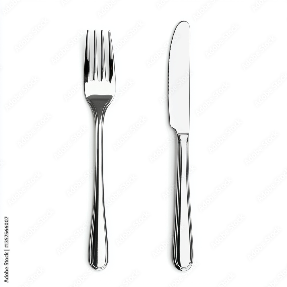 Silver fork and knife on white background simple elegant cutlery Silver fork and knife on white background simple elegant cutlery