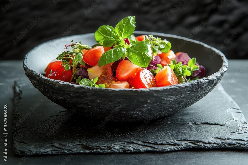Fresh salad bursting with color served in a textured black bowl on a dark stone surface with vibrant herbs and vegetables Fresh salad bursting with color served in a textured black bowl on a dark stone surface with vibrant herbs and vegetables