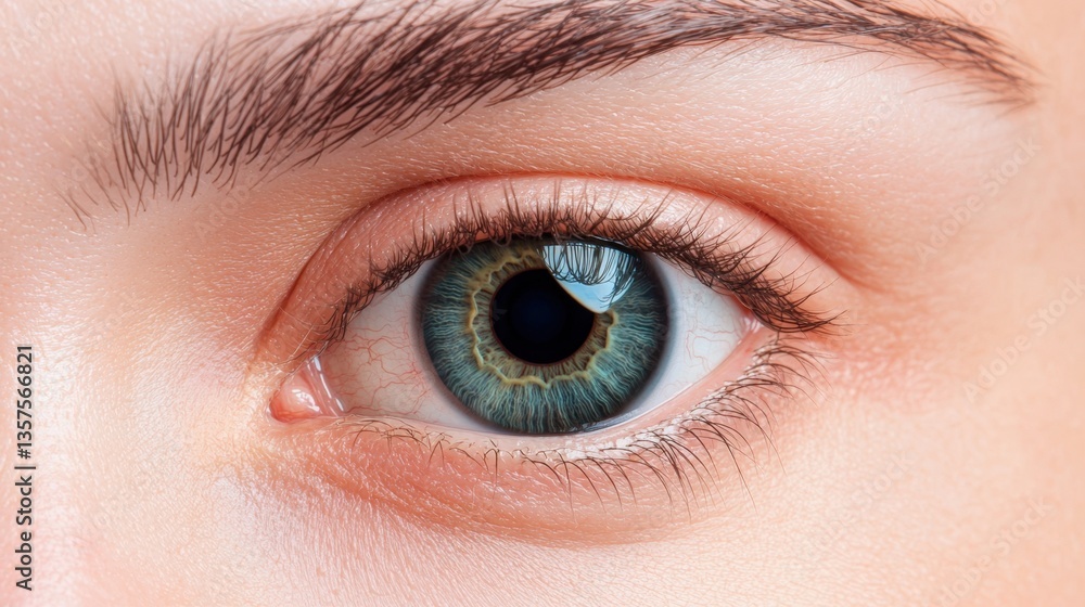 Obraz premium Biometric security and iris privacy, A close-up view of a human eye featuring striking blue-green hues and intricate details in the iris and eyelashes.