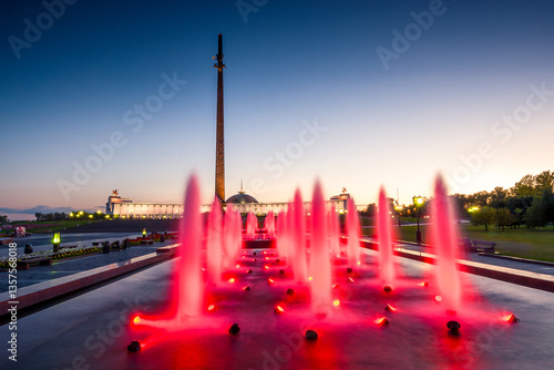 Evening view of the fountains of the Victory Monument on Poklonnaya Hill in Moscow. Russia