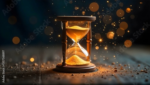 3D Ancient Hourglass with Sand Transforming into Glowing Constellations in Mystical Atmosphere

