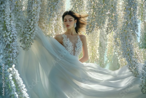 Woman in elegant dress surrounded by cascading white flowers during daylight in a magical garden setting