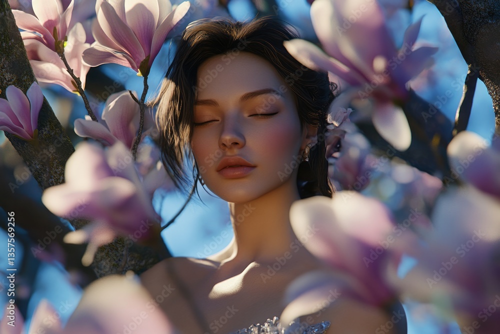 Woman surrounded by blooming magnolia flowers in a peaceful garden during springtime, evoking serene beauty and tranquility