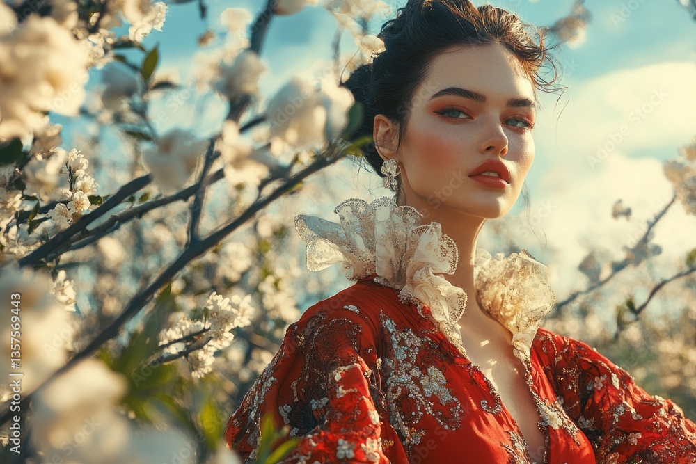 Woman in red dress posing amidst blooming cherry blossom trees during a bright sunny day in spring