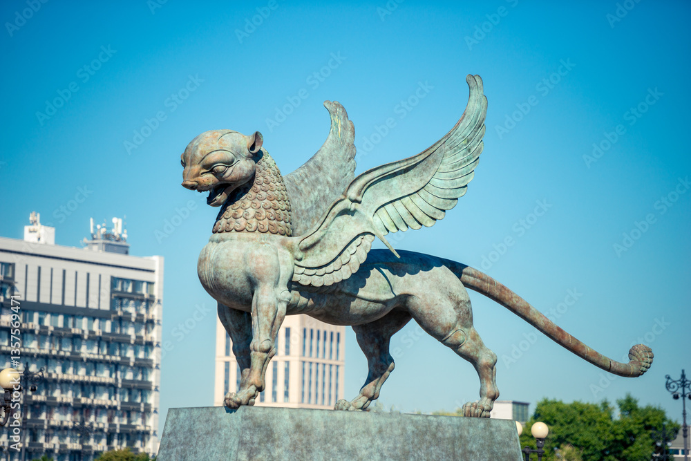 Naklejka premium Unusual genre sculpture of a winged leopard in the city of Kazan. Russia
