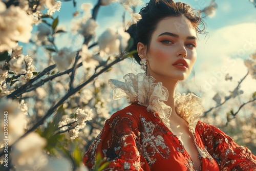Obraz na płótnie Woman in red dress posing amidst blooming cherry blossom trees during a bright sunny day in spring w salonie
