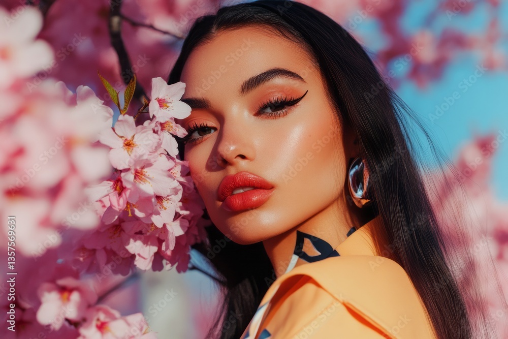 Young woman poses among cherry blossoms in a vibrant setting during springtime, showcasing beauty and fashion