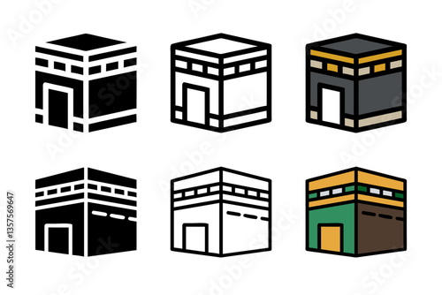 A sacred Kaaba icon set in glyph line and color styles representing the holy site in Mecca for Islamic pilgrimage