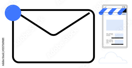 Large envelope with notification badge, storefront interface screen, and cloud. Ideal for communication, email marketing, online shopping, cloud service, networking notifications mobile apps. Flat