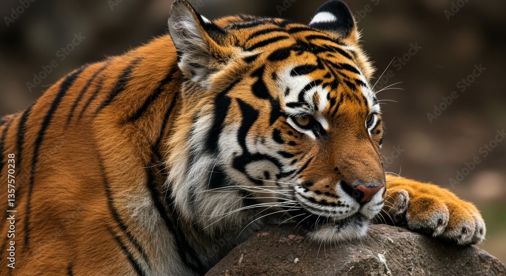 Fototapeta premium Magnificent Bengal Tiger Portrait Resting Peacefully on a Rocky Surface