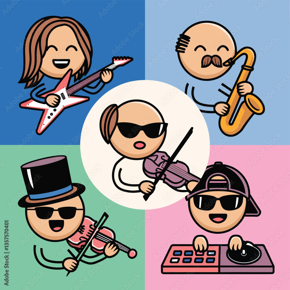 Fototapeta premium 2d vector illustration icon cool entertainment cartoon character music tools (Drum , Music Note , Headphones ,Microphone , Piano , Guitar ,Record) 