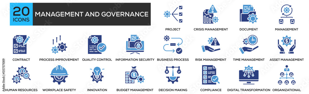 Management and Governance icon collection set. Containing design Project Management, Crisis Management, Document Management, Change Management, Contract Management Management and Governance icon collection set. Containing design Project Management, Crisis Management, Document Management, Change Management, Contract Management