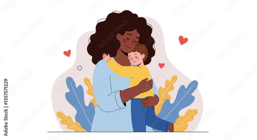 Heartwarming embrace: mother and child in loving hug with heart elements Heartwarming embrace: mother and child in loving hug with heart elements