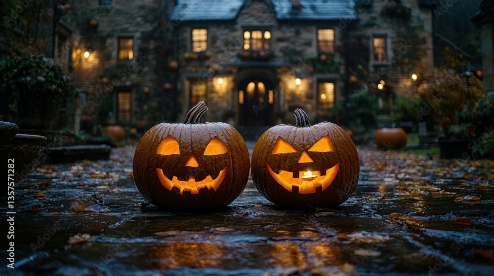 Lit Jack-o'-lanterns, Manor House, Autumn, Halloween Lit Jack-o'-lanterns, Manor House, Autumn, Halloween