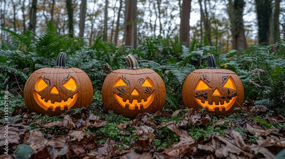 Lit Jack-o'-lanterns in autumnal forest Lit Jack-o'-lanterns in autumnal forest