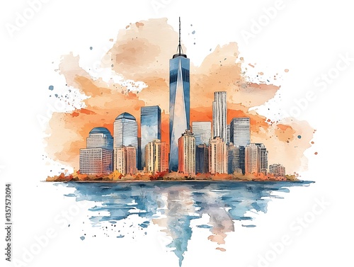 NYC Skyline Watercolor Sunset.