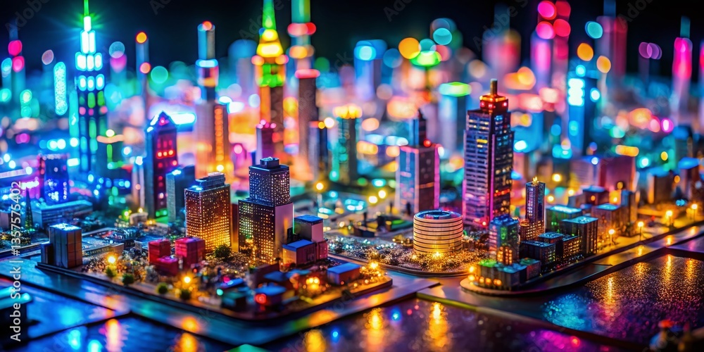 Obraz premium Miniature Galactic Lightscape: Fantasy Sci-Fi Scene with Tilt-Shift Effect